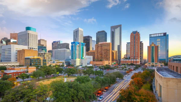 Downtown Houston, Texas skyline at golden hour — featured metro for CaseGap AI's 2026 personal injury law firm marketing visibility report